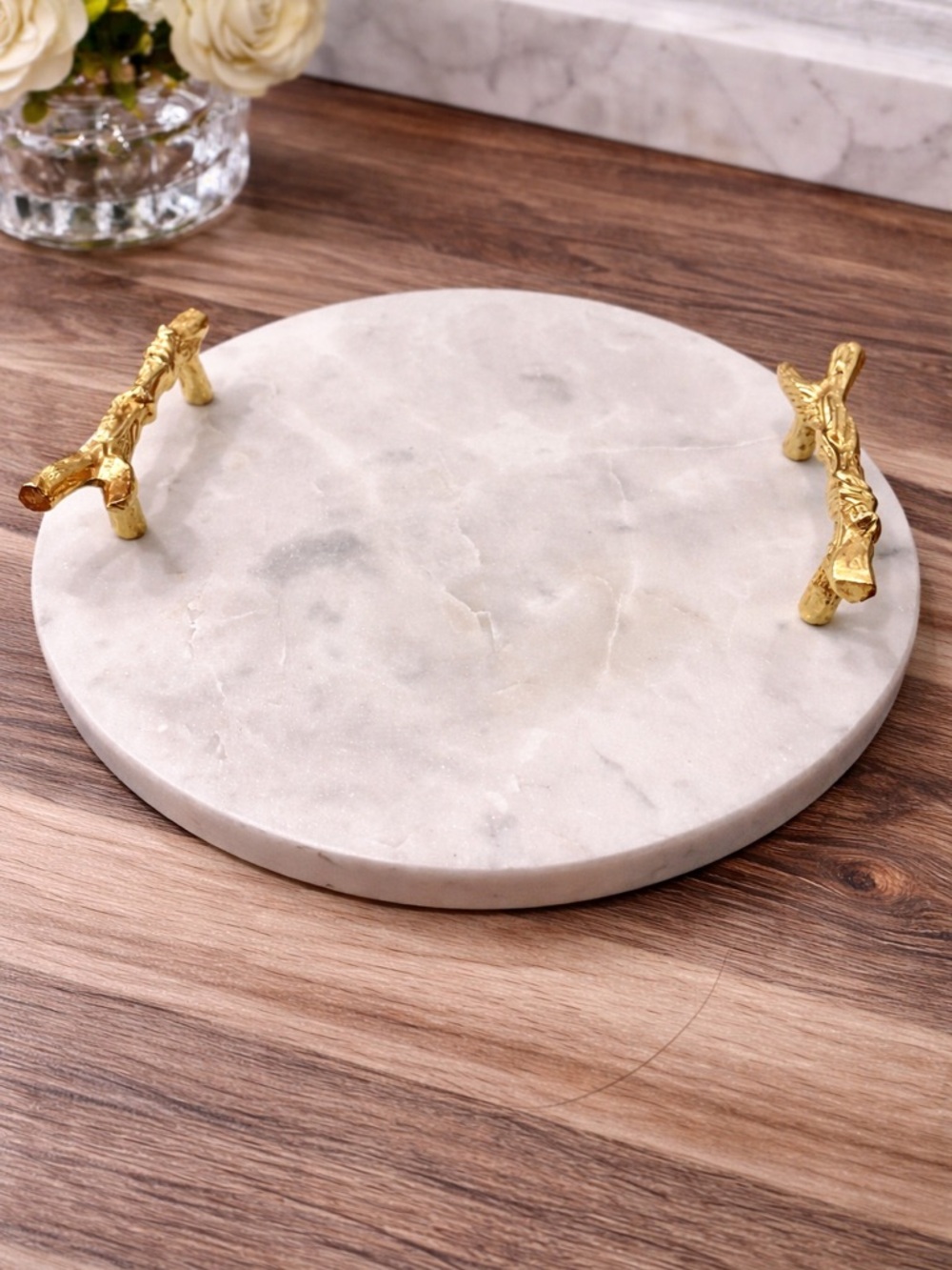 Marble Serving Tray with Gold Branch Handles Round Decorative Tray